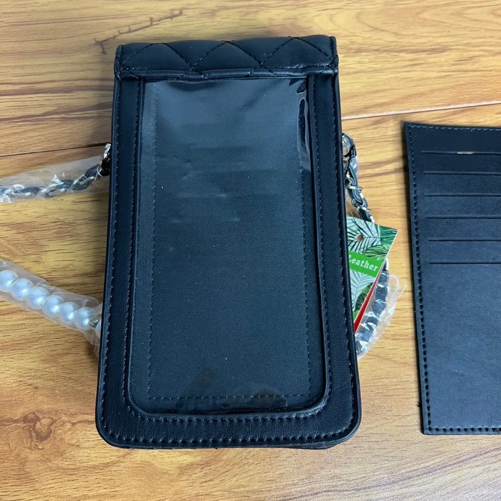 Badgley Mischka Crossbody Phone Case Black Pearl Quilted Vegan Leather NWT